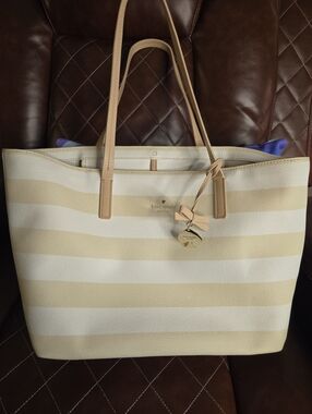 Kate Spade Cream and Tan Striped Tote with Bow Charm